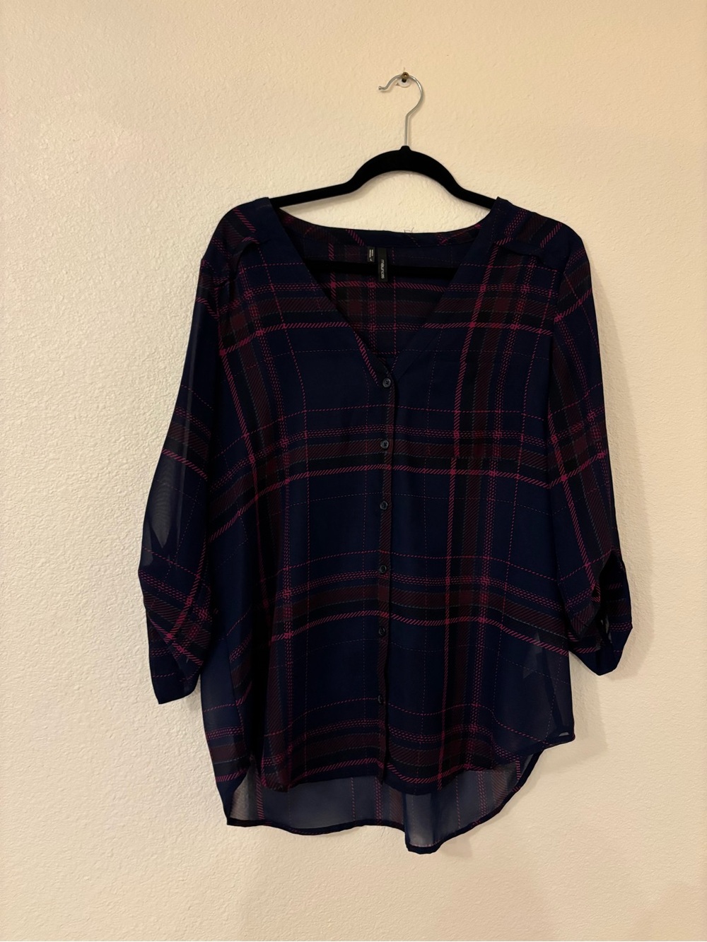 Maurices Navy Blue Button-Down Plaid Shirt with Pink Accents